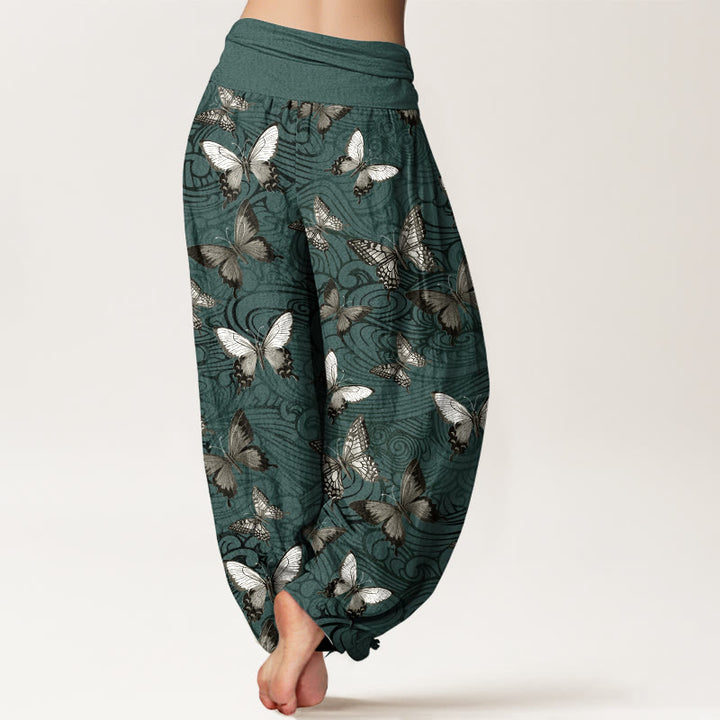 Pantalones Buddha Stones de algodón puro con diseño de mariposas grises y negras para mujer, con cintura elástica - image 9