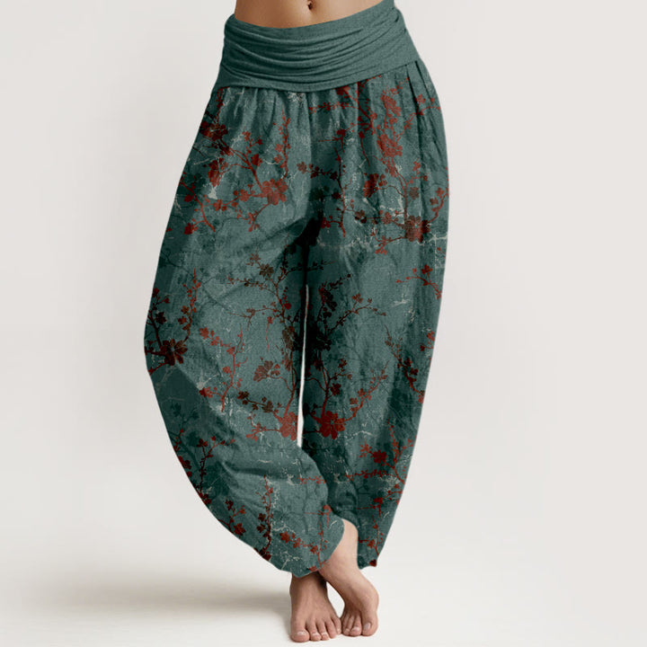 Pantalones harén de algodón puro con diseño de Buddha Stones, flores, ramas y hojas para mujer, con cintura elástica - Cadete Azul - US16，UK/AU20，EU48 (3XL) - image 0