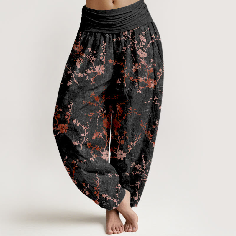 Pantalones harén de algodón puro con diseño de Buddha Stones, flores, ramas y hojas para mujer, con cintura elástica - Negro - US16，UK/AU20，EU48 (3XL) - image 5