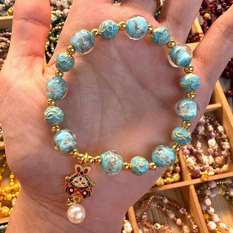 Pulsera de la suerte de cristal Liuli con conejo y Buddha Stones - Vidrio Liuli (circunferencia de la muñeca: 15-16 cm) - image 0