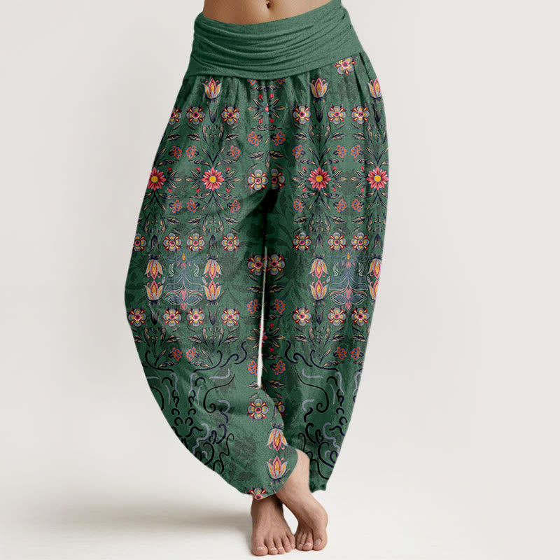 Pantalones Buddha Stones de algodón puro con estampado floral multicolor para mujer, cintura elástica - Verde mar medio - US16，UK/AU20，EU48 (3XL) - image 0