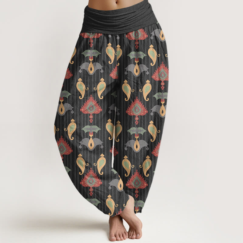 Pantalones Buddha Stones de algodón puro con diseño de triángulos, llamas y formas geométricas, con plumas, para mujer, con cintura elástica - Negro - US16，UK/AU20，EU48 (3XL) - image 5