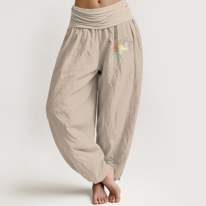 Pantalones Buddha Stones de algodón puro con estampado de loto arcoíris y cintura elástica para mujer - Broncearse - US22，UK/AU26，EU54 (6XL) - image 11