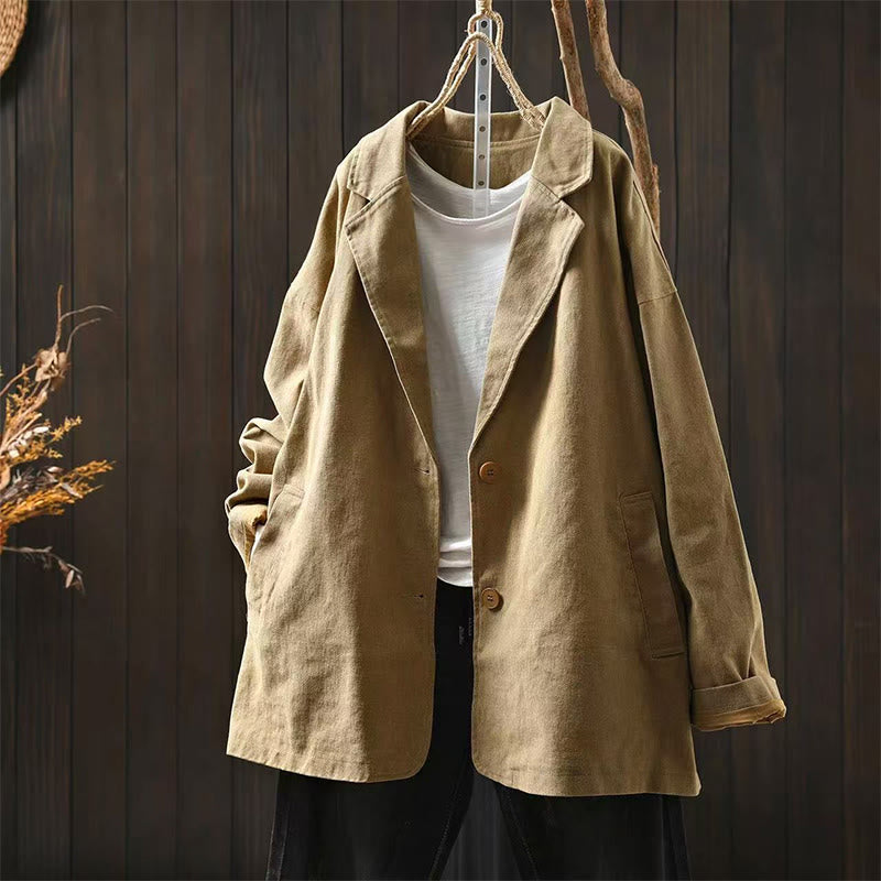 Chaqueta de mujer de manga larga, media, con bolsillos, botones, cuello de solapa y estampado de Buddha Stones para primavera y otoño. - Trigo - US4-8/10, UK/AU8-12/14, EU36-40/42 (F) - image 0