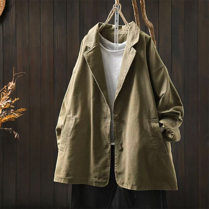 Chaqueta de mujer de manga larga, media, con bolsillos, botones, cuello de solapa y estampado de Buddha Stones para primavera y otoño. - Caqui oscuro - US4-8/10, UK/AU8-12/14, EU36-40/42 (F) - image 24
