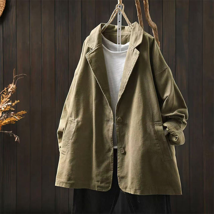 Chaqueta de mujer de manga larga, media, con bolsillos, botones, cuello de solapa y estampado de Buddha Stones para primavera y otoño. - Caqui oscuro - US4-8/10, UK/AU8-12/14, EU36-40/42 (F) - image 24