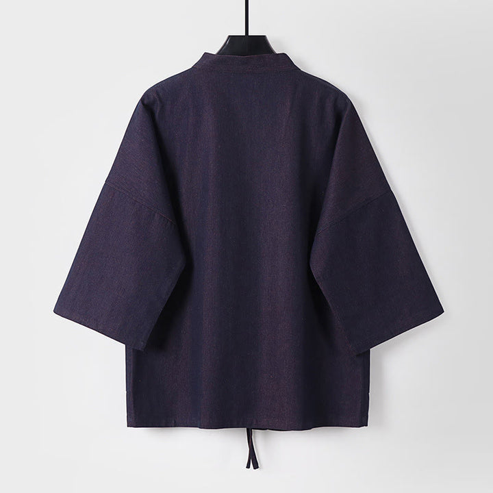 Chaqueta estilo kimono de algodón vaquero para hombre con mangas tres cuartos, abertura frontal y cordones de Buddha Stones - image 2