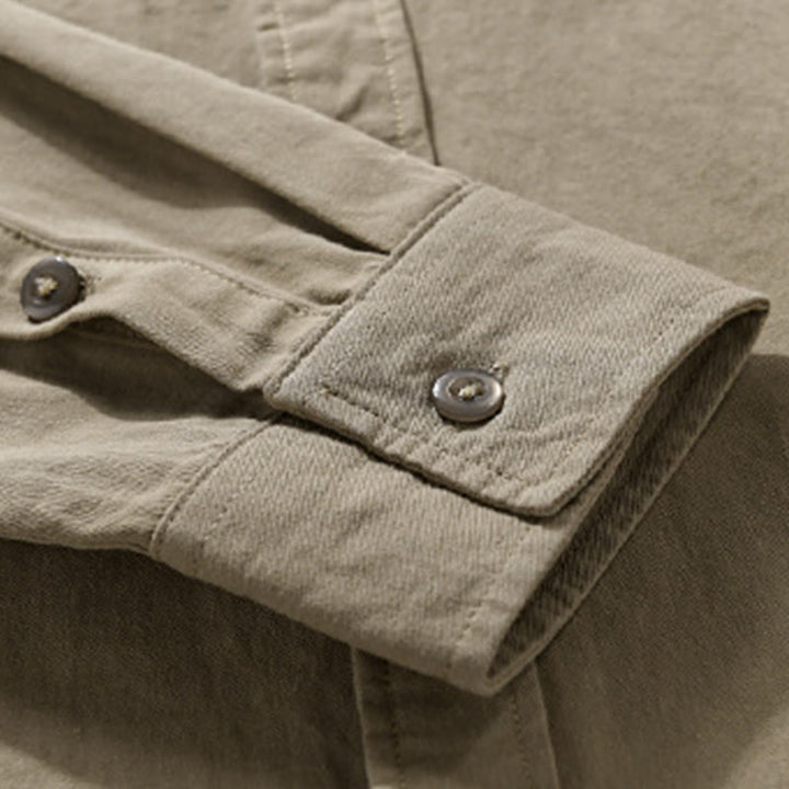 Camisa informal de algodón de manga larga con cuello alto y bolsillos decorativos para hombre con estampado de Buddha Stones - image 15