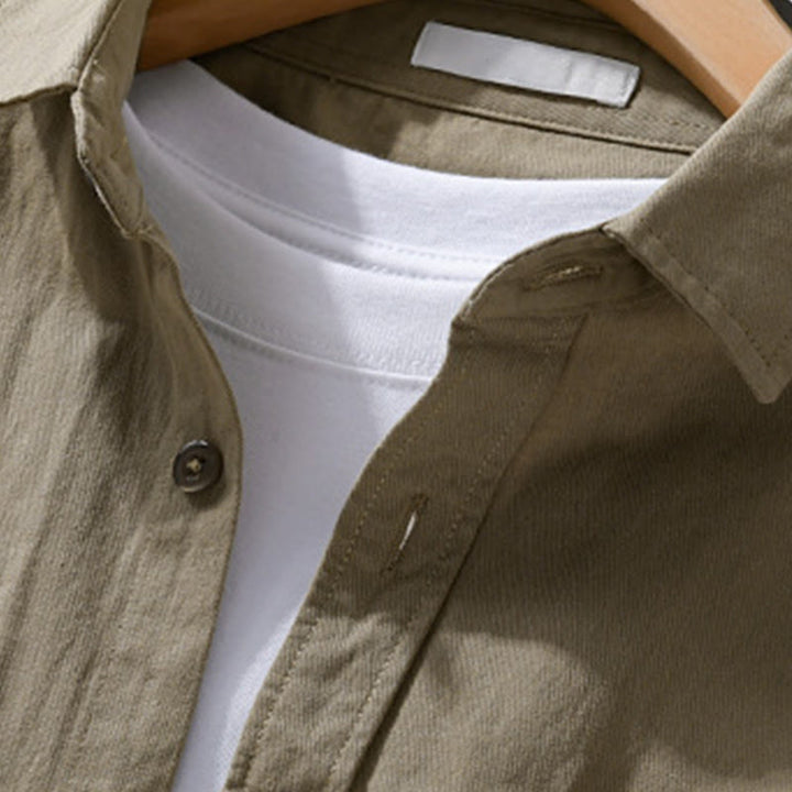 Camisa informal de algodón de manga larga con cuello alto y bolsillos decorativos para hombre con estampado de Buddha Stones - image 13
