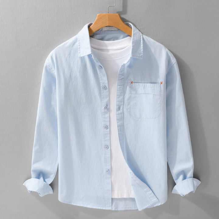 Camisa de algodón de manga larga para hombre con cuello alto y bolsillos decorativos, con botones sólidos y estampado de Buddha Stones Spring - Azul claro - US/UK/AU42, EU52 (3XL) - image 0