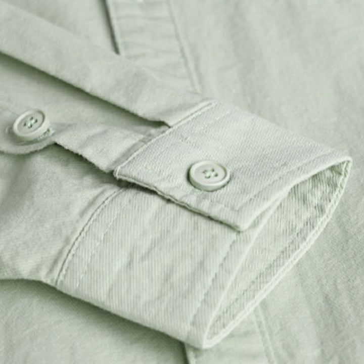 Camisa de algodón de manga larga para hombre con cuello alto y bolsillos decorativos, con botones sólidos y estampado de Buddha Stones Spring - image 8