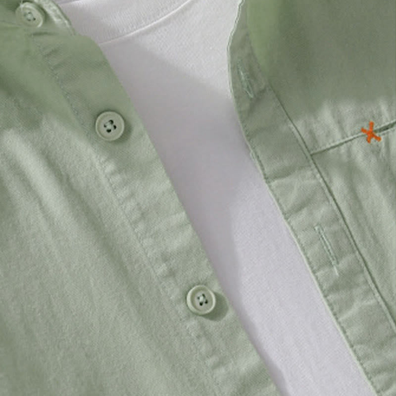 Camisa de algodón de manga larga para hombre con cuello alto y bolsillos decorativos, con botones sólidos y estampado de Buddha Stones Spring - image 6