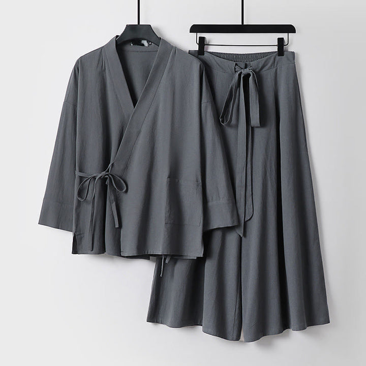 Conjunto de 2 piezas de kimono de algodón con cordones y pantalones anchos hasta los tobillos con bolsillos para hombre , con Buddha Stones - Gris - US/UK/AU54, EU64 (9XL) - image 0