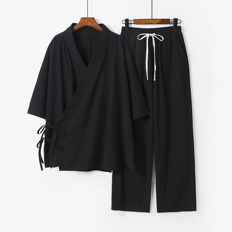 Conjunto de 2 Buddha Stones de kimono de algodón con cordones y mangas tres cuartos para hombre, con bolsillos y cordón ajustable, para meditación - Negro - US/UK/AU54, EU64 (9XL) - image 4