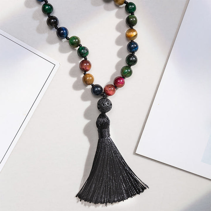Mala de fuerza con borlas de cuentas de Buddha Stones, ojo de tigre amarillo multicolor, ojo de tigre verde, ojo de tigre azul, ojo de tigre rojo - image 3