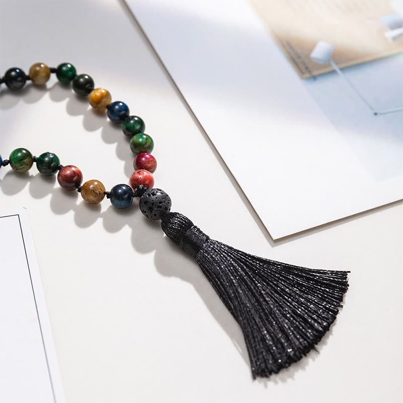 Mala de fuerza con borlas de cuentas de Buddha Stones, ojo de tigre amarillo multicolor, ojo de tigre verde, ojo de tigre azul, ojo de tigre rojo - image 4