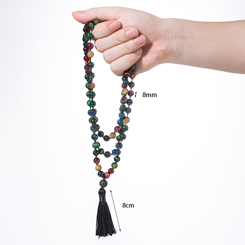 Mala de fuerza con borlas de cuentas de Buddha Stones, ojo de tigre amarillo multicolor, ojo de tigre verde, ojo de tigre azul, ojo de tigre rojo - image 5