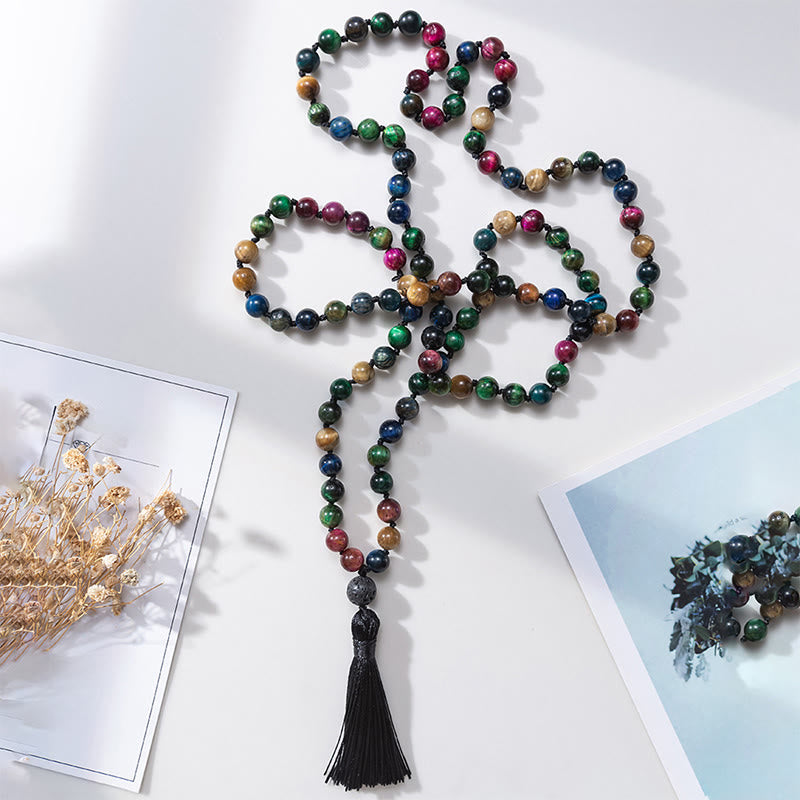 Mala de fuerza con borlas de cuentas de Buddha Stones, ojo de tigre amarillo multicolor, ojo de tigre verde, ojo de tigre azul, ojo de tigre rojo - Ojo de tigre - image 0