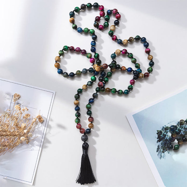 Mala de fuerza con borlas de cuentas de Buddha Stones, ojo de tigre amarillo multicolor, ojo de tigre verde, ojo de tigre azul, ojo de tigre rojo - Ojo de tigre - image 0
