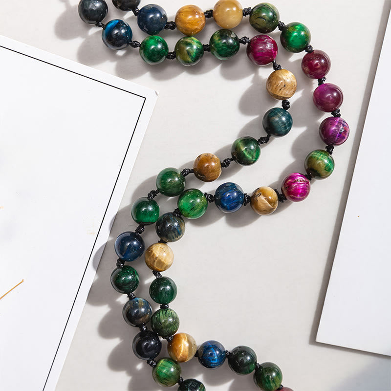 Mala de fuerza con borlas de cuentas de Buddha Stones, ojo de tigre amarillo multicolor, ojo de tigre verde, ojo de tigre azul, ojo de tigre rojo - image 2