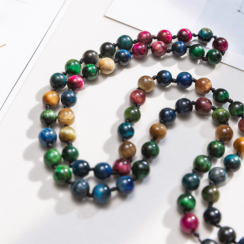 Mala de fuerza con borlas de cuentas de Buddha Stones, ojo de tigre amarillo multicolor, ojo de tigre verde, ojo de tigre azul, ojo de tigre rojo - image 1