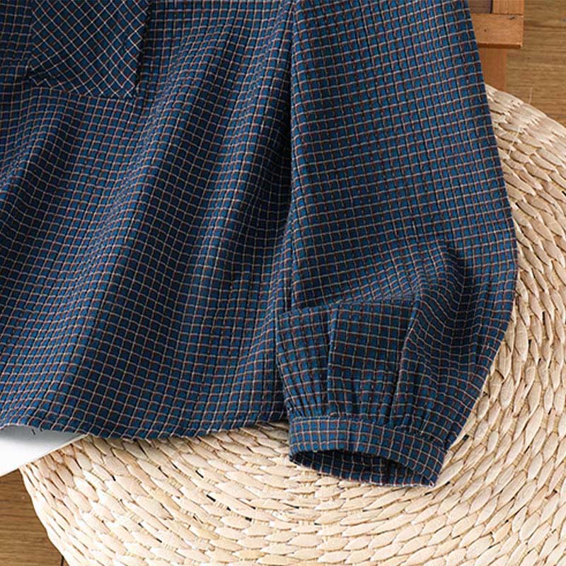 Camisa de algodón de manga larga para mujer con cuello en V y botones a cuadros azules de otoño con Buddha Stones - image 8