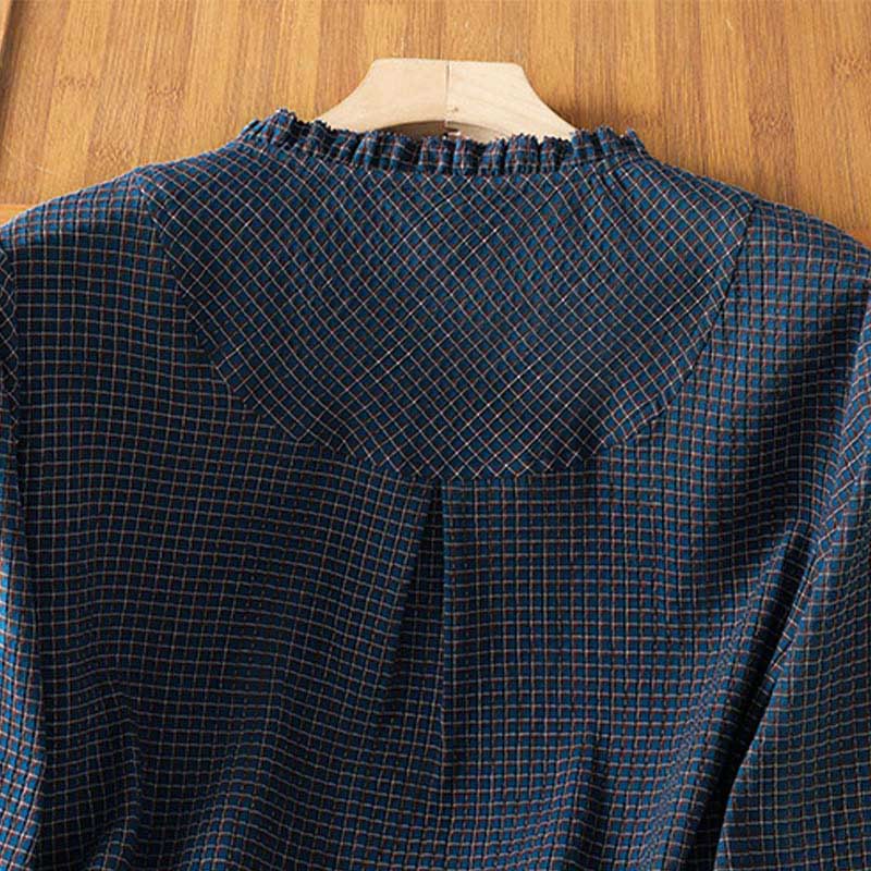 Camisa de algodón de manga larga para mujer con cuello en V y botones a cuadros azules de otoño con Buddha Stones - image 4