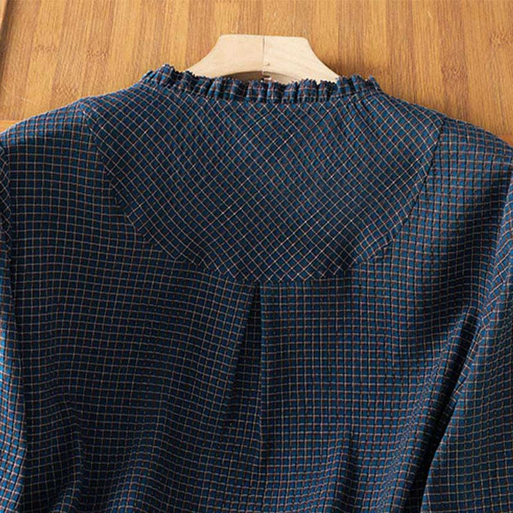 Camisa de algodón de manga larga para mujer con cuello en V y botones a cuadros azules de otoño con Buddha Stones - image 4