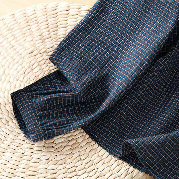 Camisa de algodón de manga larga para mujer con cuello en V y botones a cuadros azules de otoño con Buddha Stones - image 6