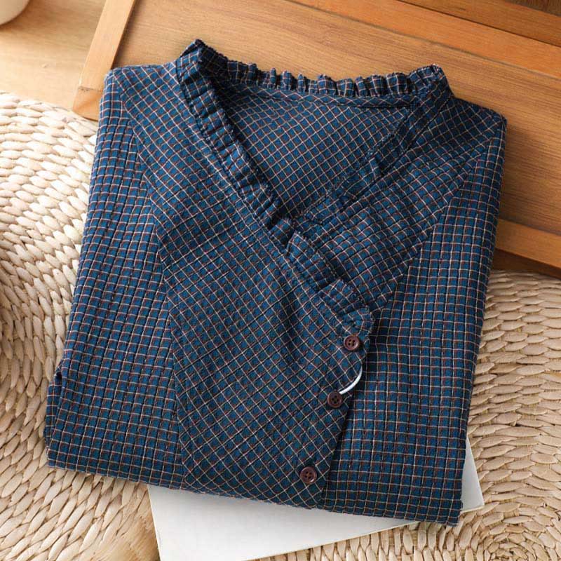 Camisa de algodón de manga larga para mujer con cuello en V y botones a cuadros azules de otoño con Buddha Stones - image 2