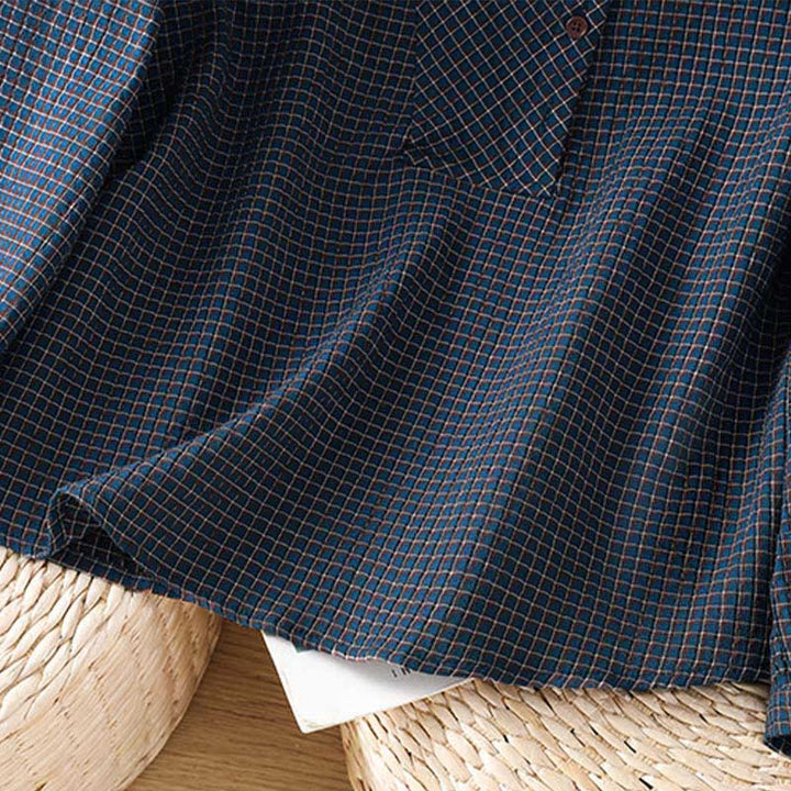 Camisa de algodón de manga larga para mujer con cuello en V y botones a cuadros azules de otoño con Buddha Stones - image 7