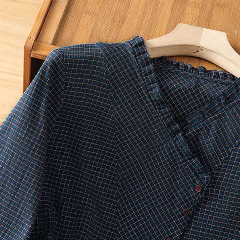 Camisa de algodón de manga larga para mujer con cuello en V y botones a cuadros azules de otoño con Buddha Stones - image 3