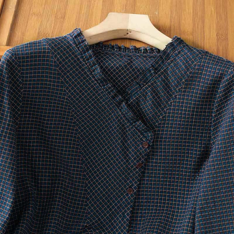 Camisa de algodón de manga larga para mujer con cuello en V y botones a cuadros azules de otoño con Buddha Stones - image 5