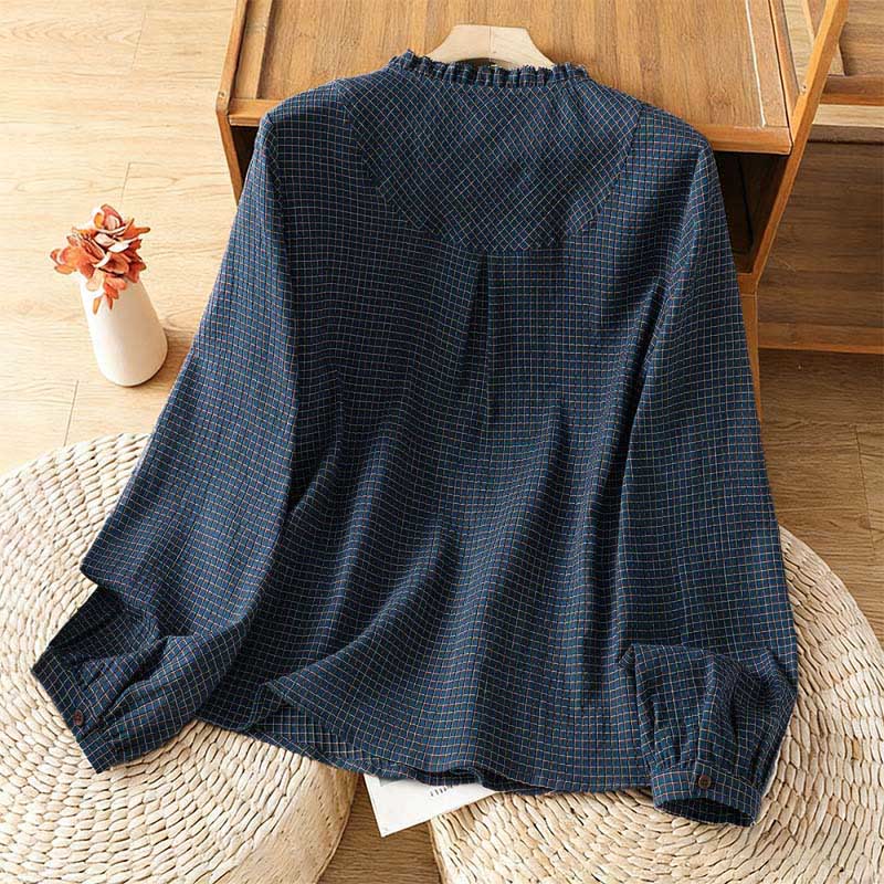 Camisa de algodón de manga larga para mujer con cuello en V y botones a cuadros azules de otoño con Buddha Stones - image 1