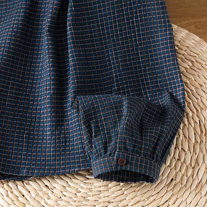 Camisa de algodón de manga larga para mujer con cuello en V y botones a cuadros azules de otoño con Buddha Stones - image 9