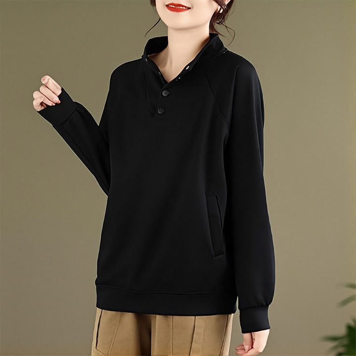 Sudadera de algodón de manga larga para mujer con diseño de botones y cuello alto liso con estampado de Buddha Stones Fall - image 2