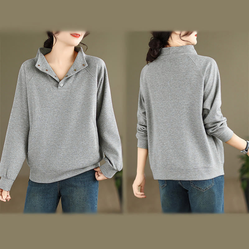 Sudadera de algodón de manga larga para mujer con diseño de botones y cuello alto liso con estampado de Buddha Stones Fall - image 9