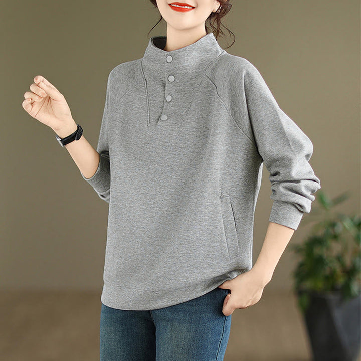 Sudadera de algodón de manga larga para mujer con diseño de botones y cuello alto liso con estampado de Buddha Stones Fall - image 8