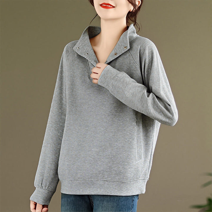 Sudadera de algodón de manga larga para mujer con diseño de botones y cuello alto liso con estampado de Buddha Stones Fall - image 6