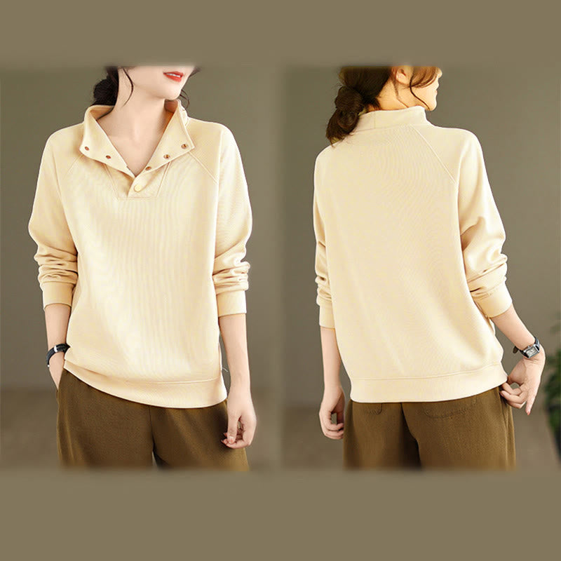 Sudadera de algodón de manga larga para mujer con diseño de botones y cuello alto liso con estampado de Buddha Stones Fall - image 14