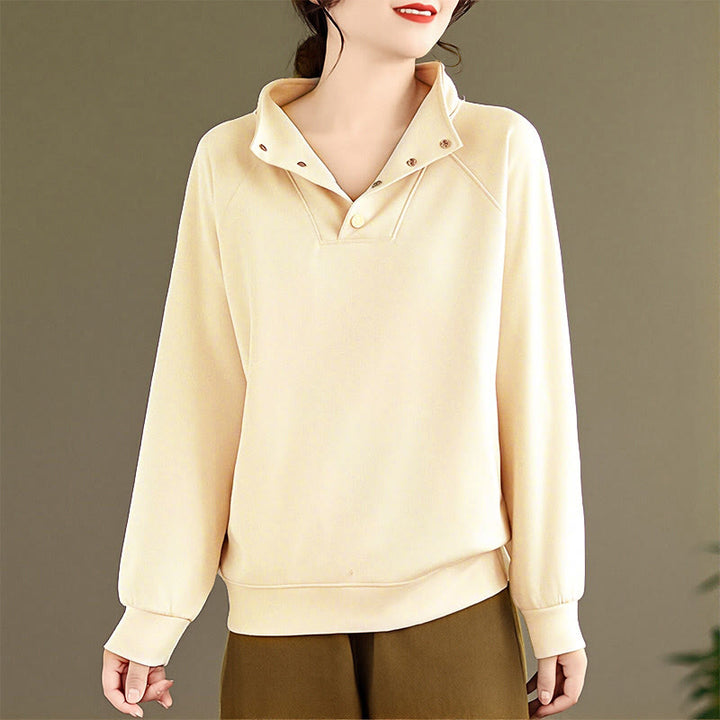 Sudadera de algodón de manga larga para mujer con diseño de botones y cuello alto liso con estampado de Buddha Stones Fall - image 12