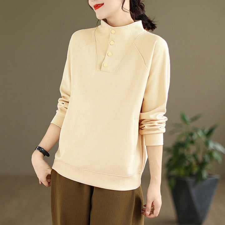 Sudadera de algodón de manga larga para mujer con diseño de botones y cuello alto liso con estampado de Buddha Stones Fall - image 13