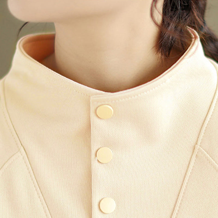 Sudadera de algodón de manga larga para mujer con diseño de botones y cuello alto liso con estampado de Buddha Stones Fall - image 15