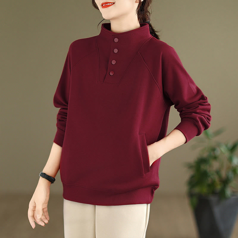 Sudadera de algodón de manga larga para mujer con diseño de botones y cuello alto liso con estampado de Buddha Stones Fall - image 32