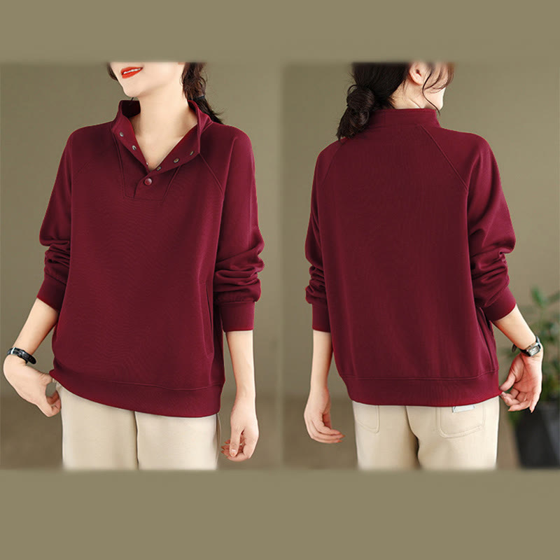 Sudadera de algodón de manga larga para mujer con diseño de botones y cuello alto liso con estampado de Buddha Stones Fall - image 35