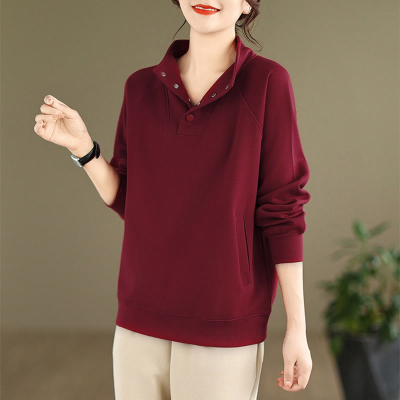 Sudadera de algodón de manga larga para mujer con diseño de botones y cuello alto liso con estampado de Buddha Stones Fall - image 33