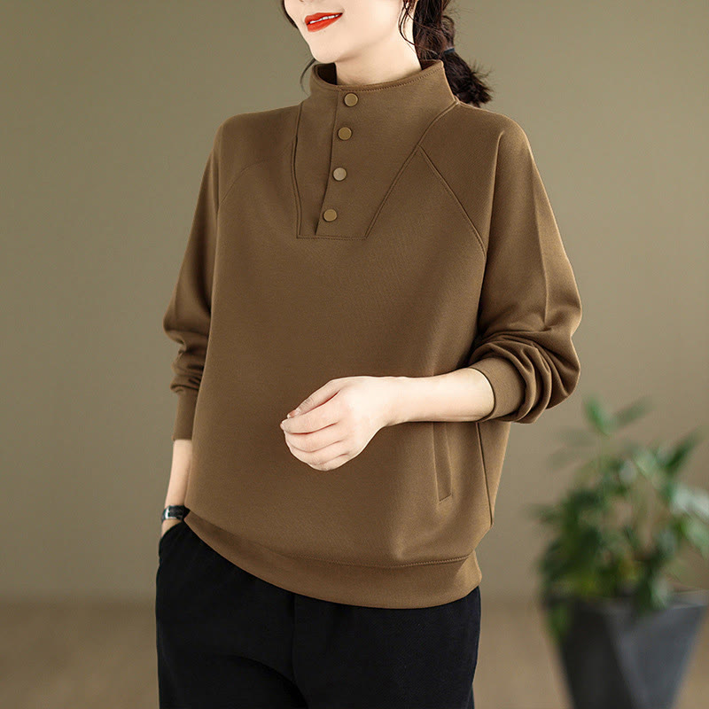 Sudadera de algodón de manga larga para mujer con diseño de botones y cuello alto liso con estampado de Buddha Stones Fall - SaddleBrown - US8-10，UK/AU12-14，EU40-42 (2XL) - image 26