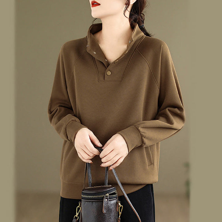 Sudadera de algodón de manga larga para mujer con diseño de botones y cuello alto liso con estampado de Buddha Stones Fall - image 30