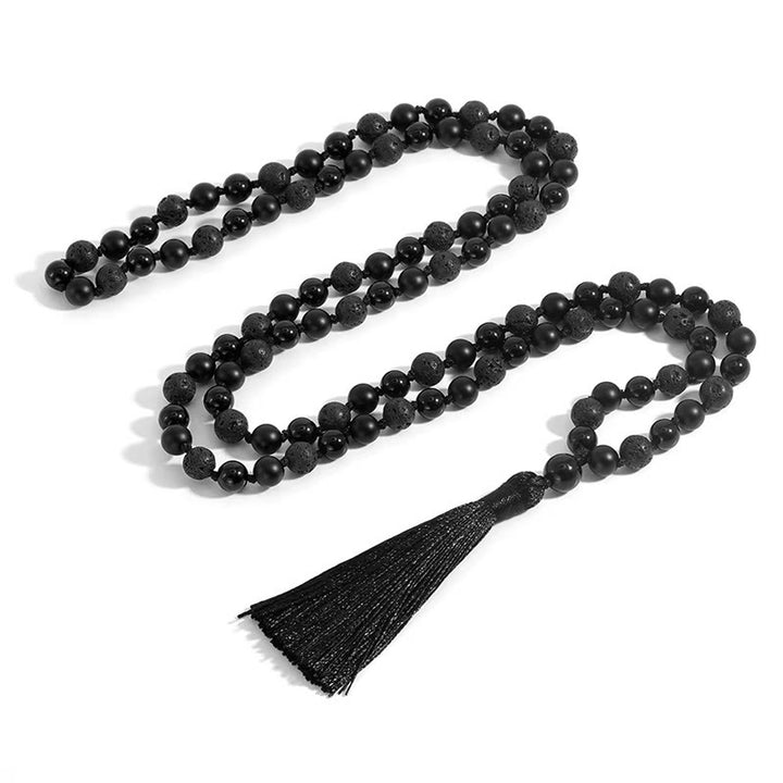 Mala de la fortuna con borlas de piedra de lava de ónix negro y cuentas de 8 mm de Buddha Stones - Ónix negro y roca de lava - image 1
