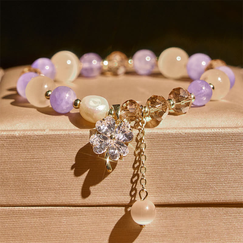 Pulsera de equilibrio con Buddha Stones de cuatro hojas, amatista, citrino, cuarzo fresa verde y cuarzo rutilado. - image 1